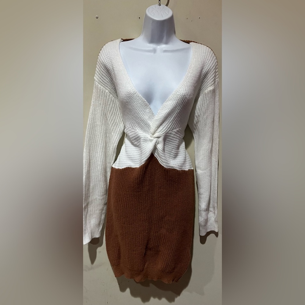 Two Tone V-Neck Sweater Dress